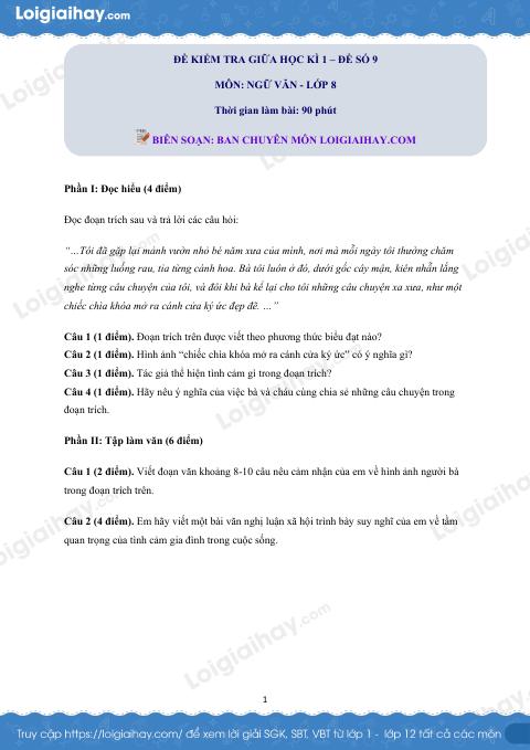 Đề thi giữa kì 1 Văn 8 - Đề số 9